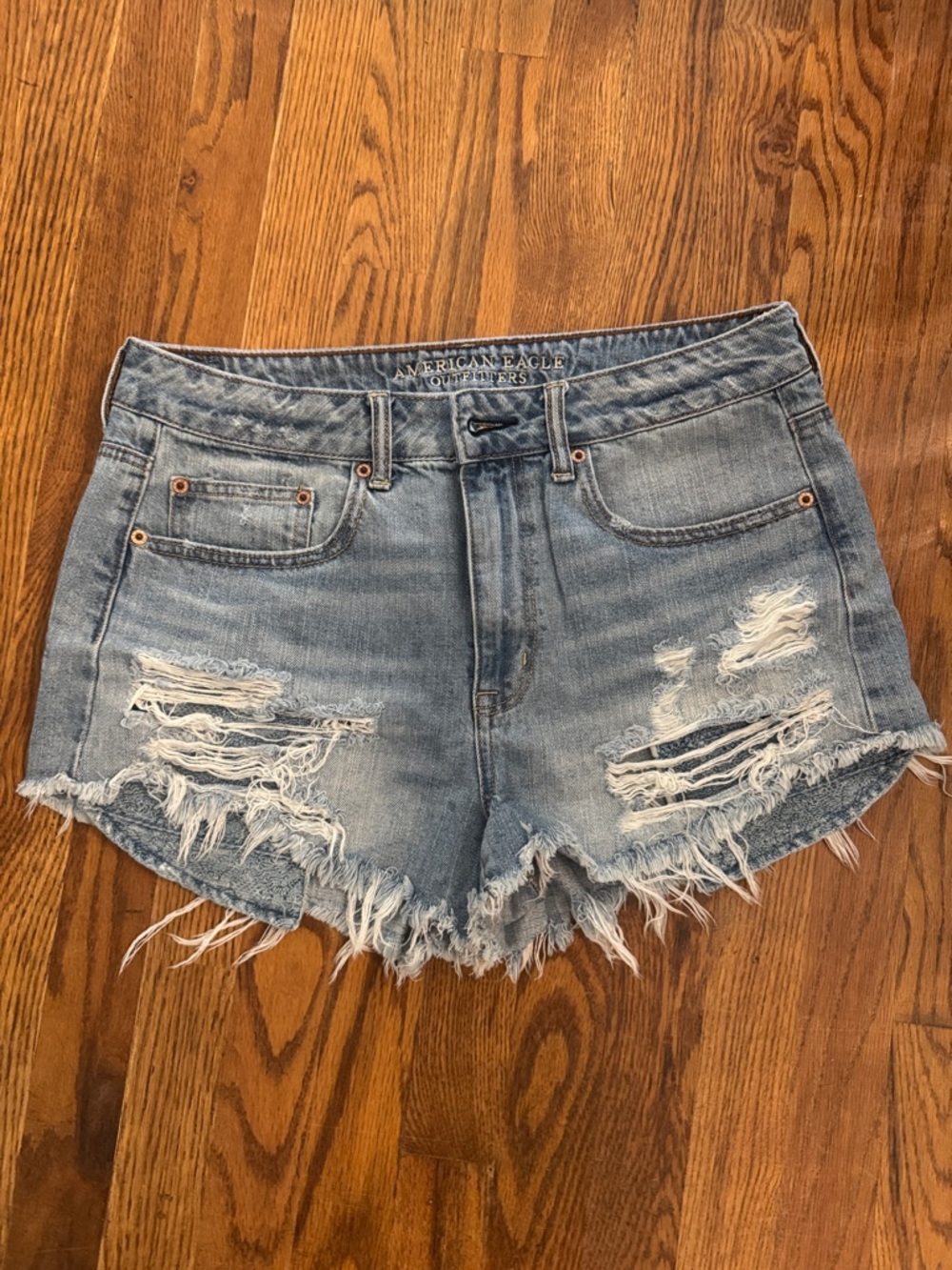 American Eagle Hi-Rise Festival Medium Blue Distressed Denim Cutoff Shorts